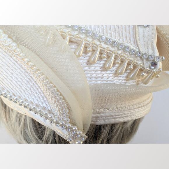 Vintage Ailuj Eugop Hat Ivory Upsweep Fascinator Woven Rhinestone Pearl Netting - Picture 7 of 12